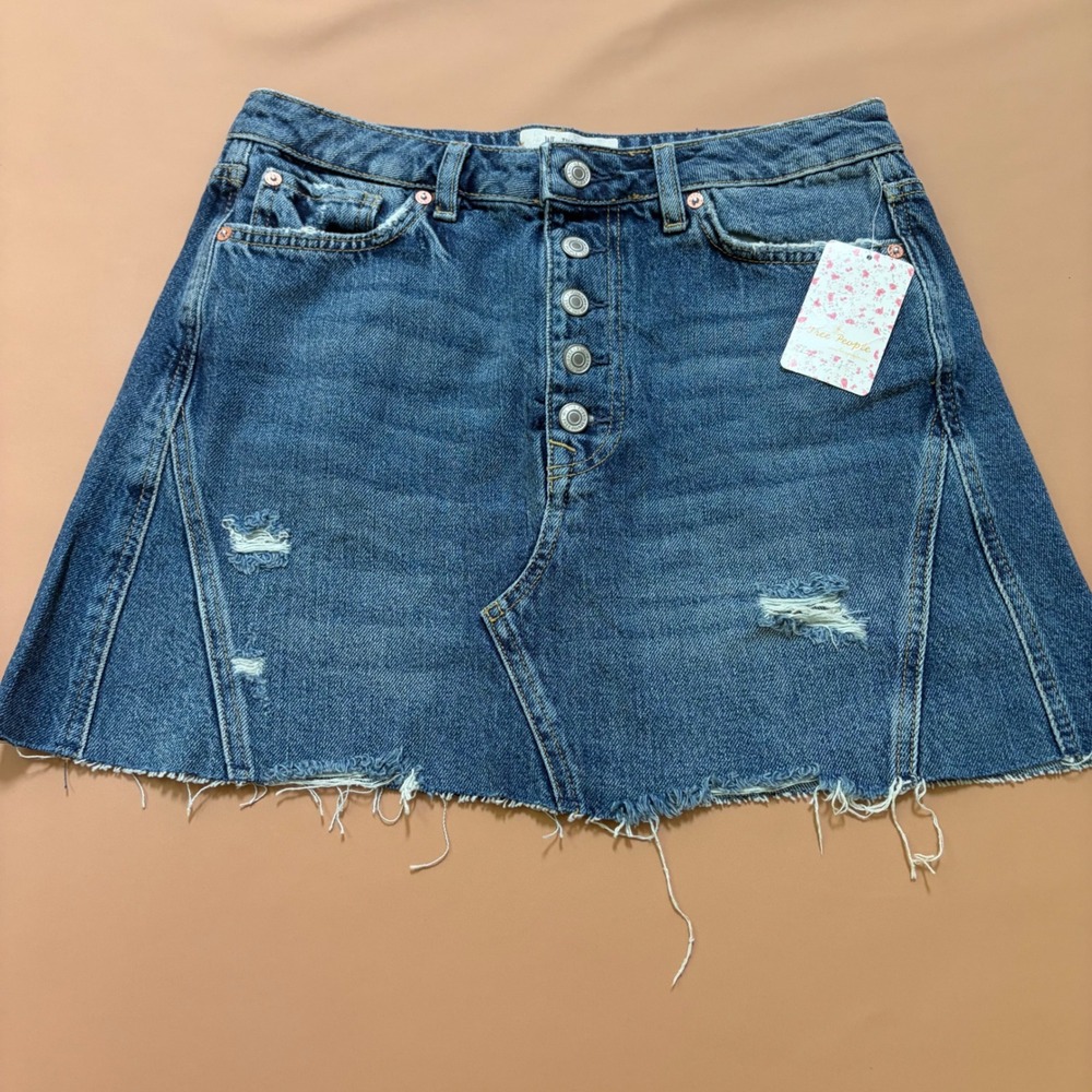 Free People We The‎ Free Distressed Denim Mini Skirt Button Fly Blue Size 30 NWT